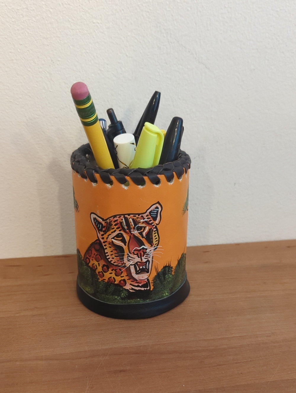 Hand-Painted Orange Cheeter Leather Trimmed Pen Holder - Unbranded